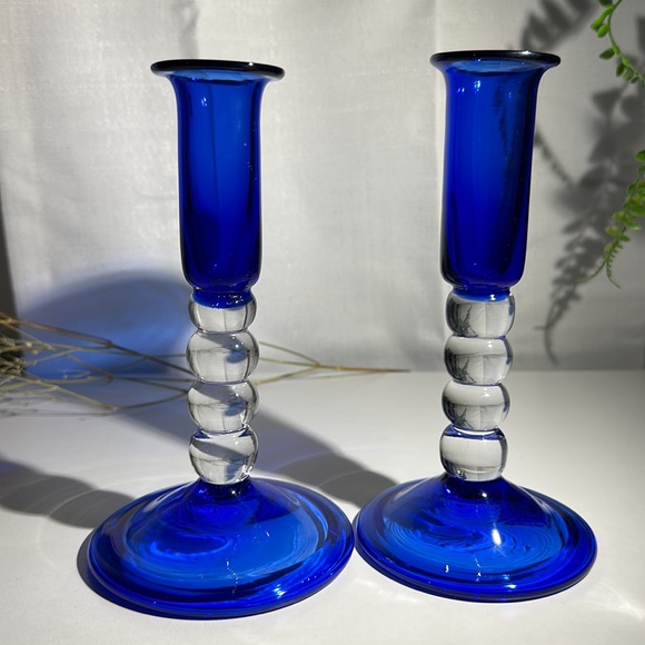 Vintage Hand Blown Colbalt Blue Bubble Glass Candle Holders Set of 2 - Picture 6 of 9
